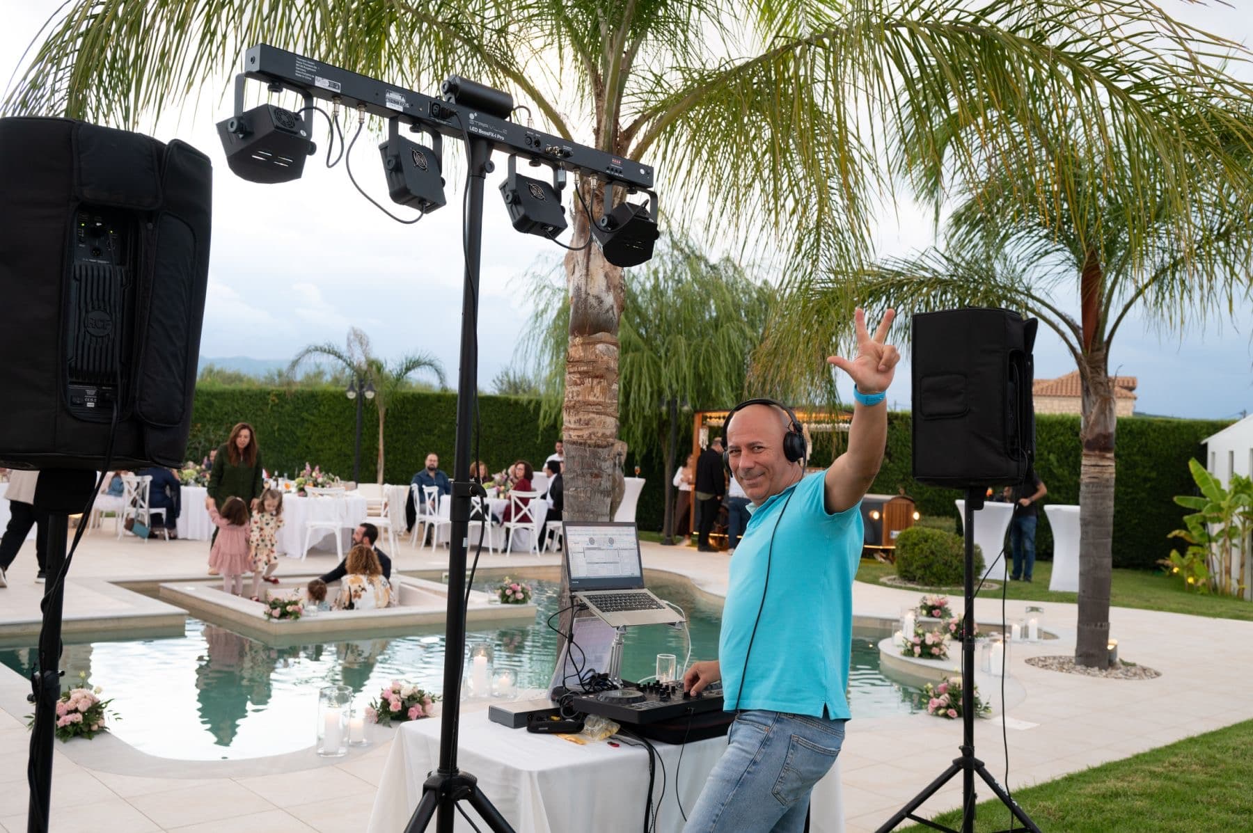 Professional DJ setup at a pool wedding venue in Zante